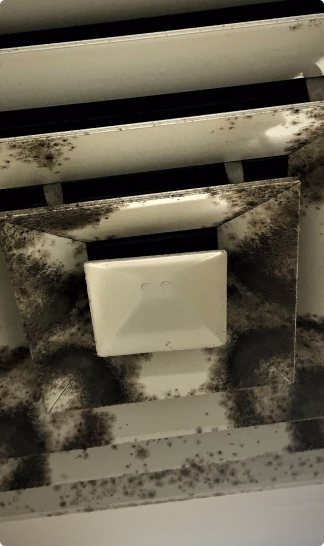 Visible mold growth on an air conditioning unit inside a building.